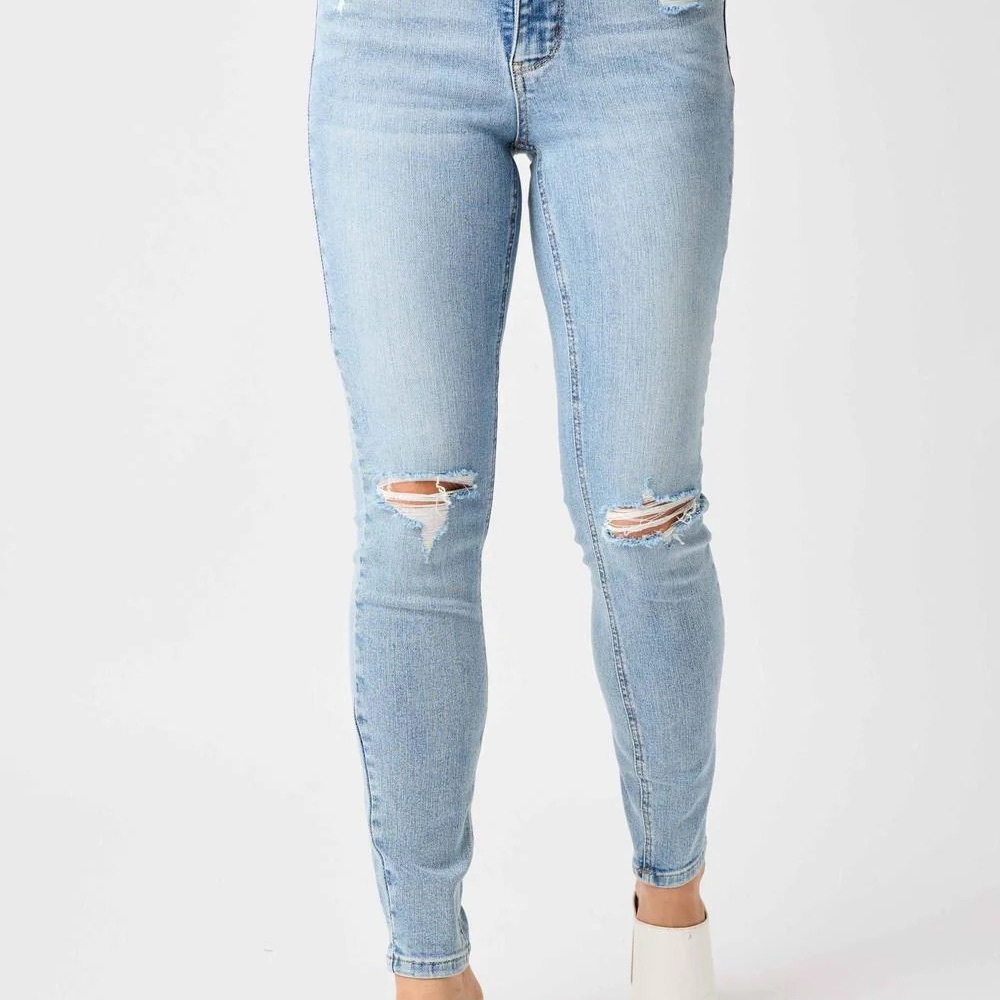 Judy Blue Mid Rise Tummy Control Destroy Skinny Denim Jeans Light Wash 88797
